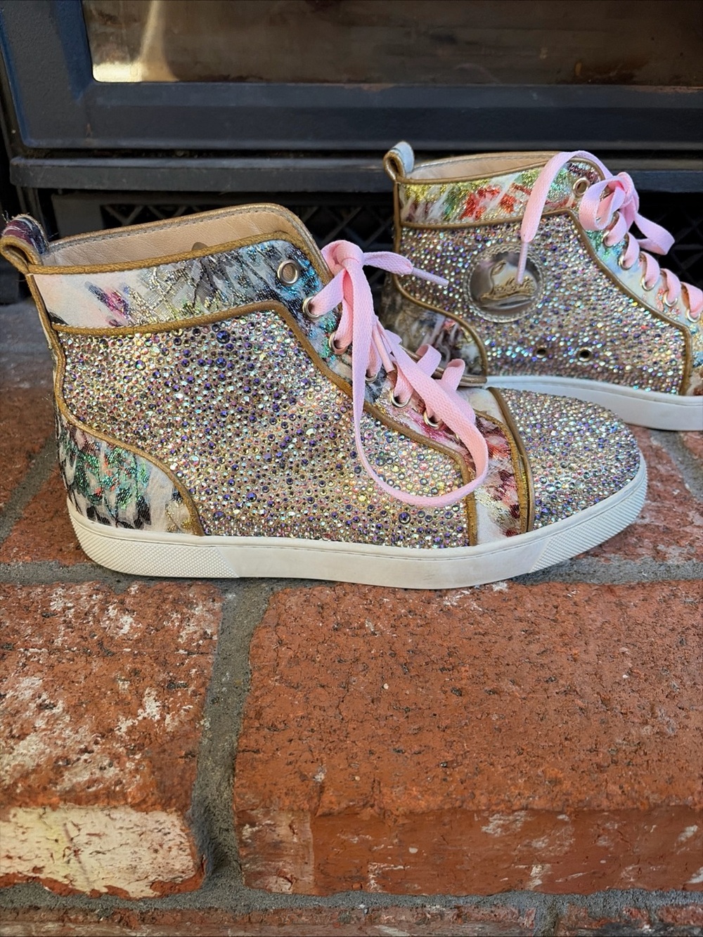 Authentic Christian Louboutin Glitter Floral  High Top Sneakers EU 37.5 US 7.5 - Picture 2 of 11